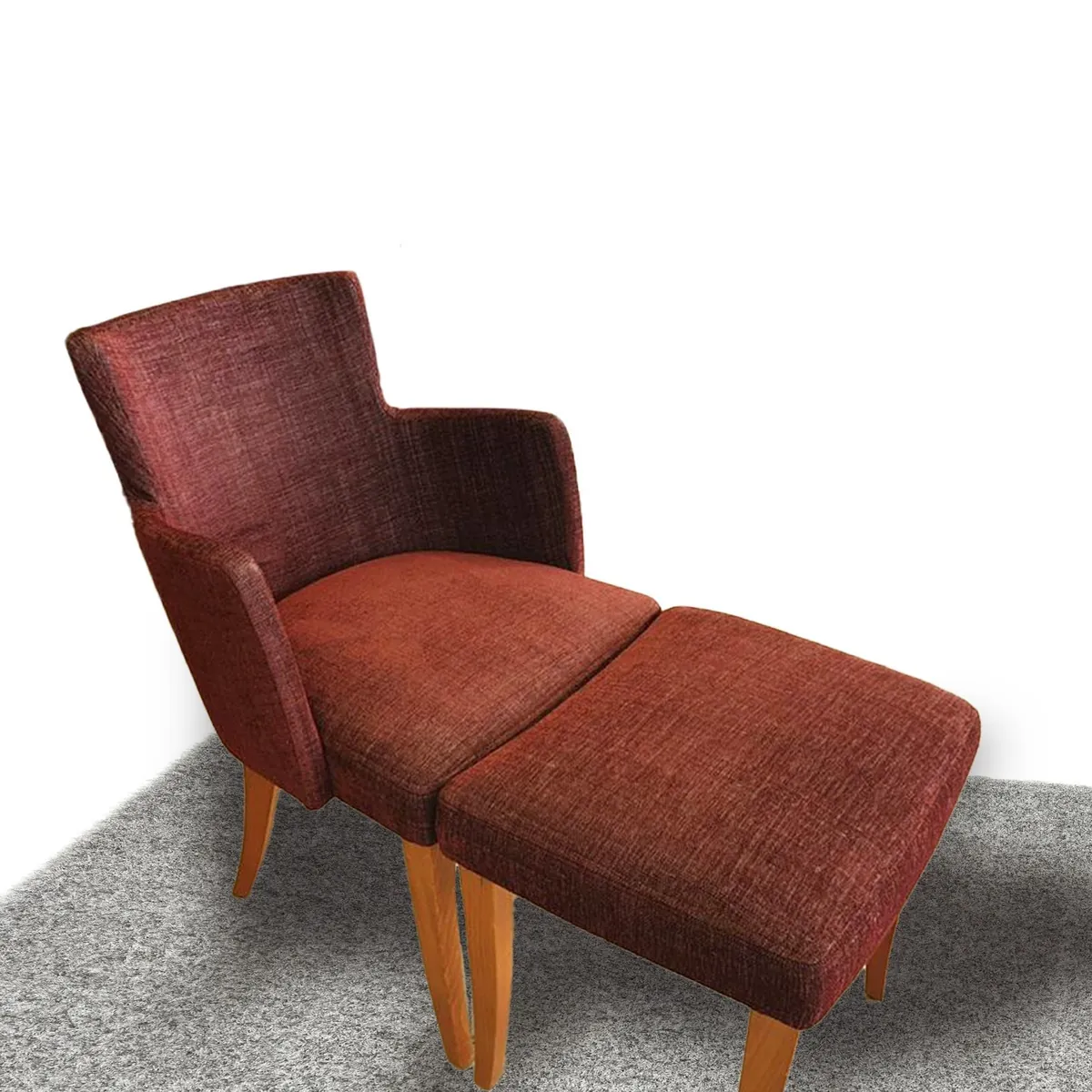 Sessel mit passendem Hocker, bezogen mit rotem Stoff